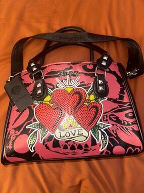BRAND NEW w/tags Ed Hardy Red & Black Heart Trio Lunch Tote with Studded Handles